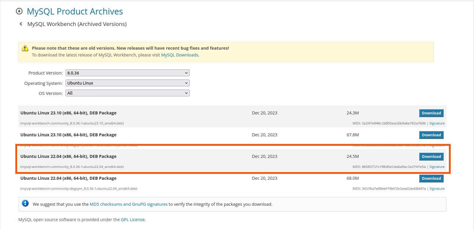 MySQLのversion8.0.36を選択