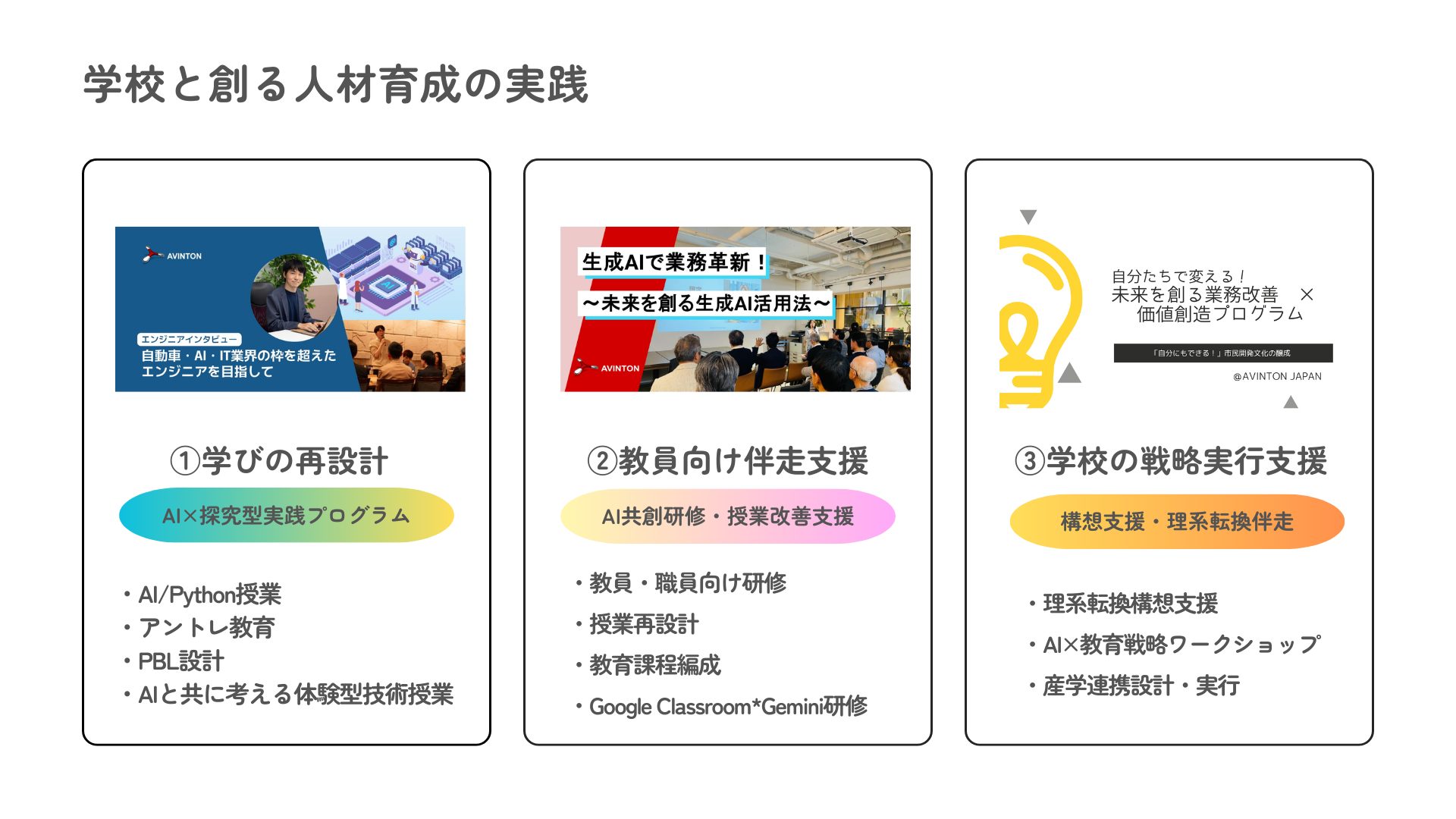 Avintonによる「学校と創る人材育成の実践」スライド。学びの再設計、教員向け伴走支援、学校の戦略実行支援の3つの柱を図解