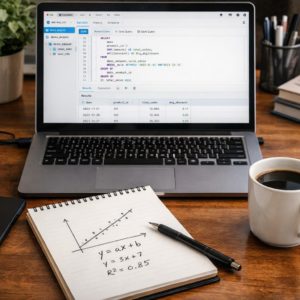 データサイエンティストのキャリアに役立つ、SQLや統計学を学習しているデスクのイメージ画像
