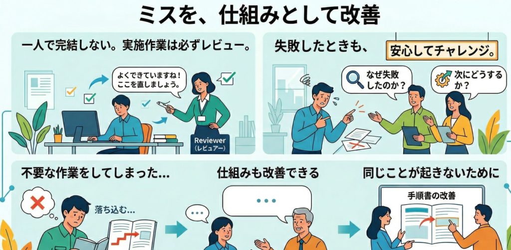 engineer-team-support-review-culture エンジニアが作業レビューを受け、失敗を個人の責任にせず手順書の改善へと繋げる仕組みを説明したイラスト