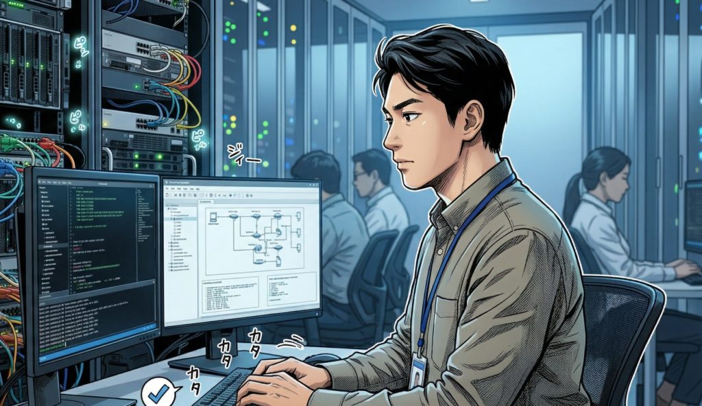 new-graduate-engineer-server-construction-work サーバーラックが並ぶデータセンターのような環境で、真剣な表情でPCに向かい作業を行う若手エンジニアのイラスト