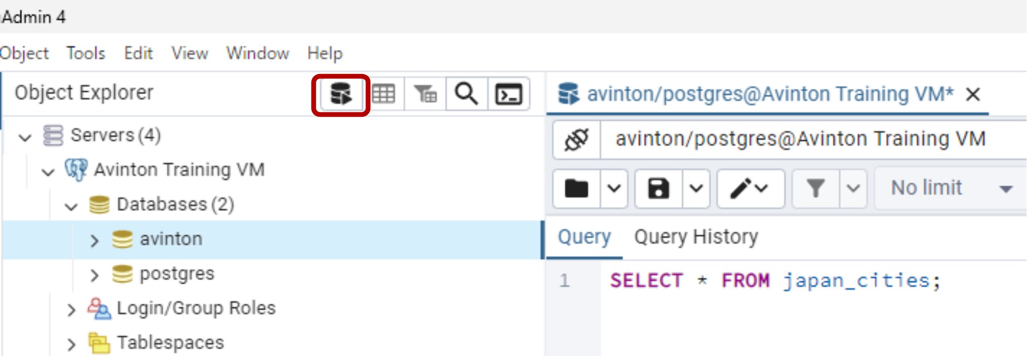 PgAdmin上でSQLを実行できる画面を表示している画像
